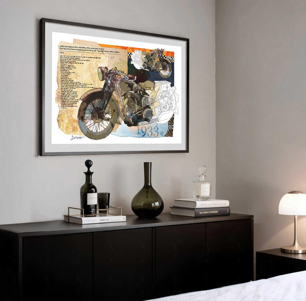 Vintage 1933 Motorcycle Fine Art Poster — Retro Engine Illustration Print