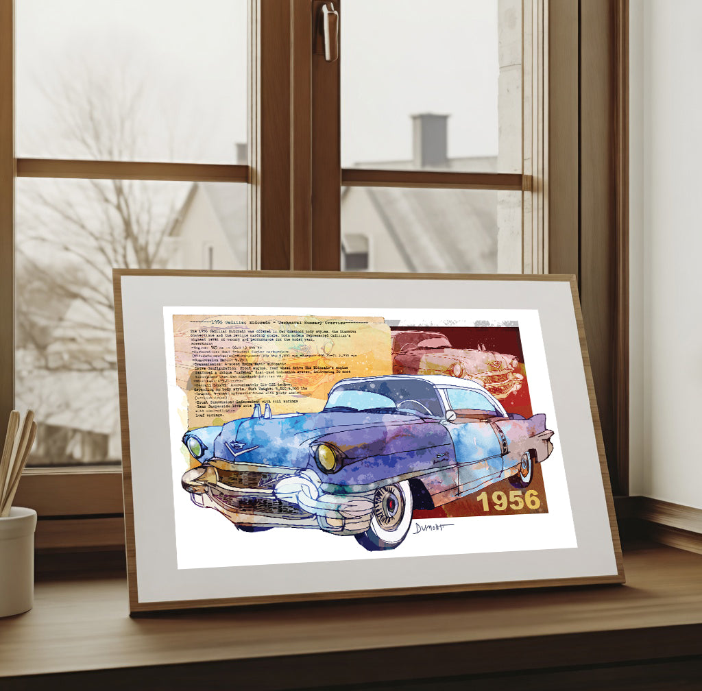 1956 Classic Car Fine Art Poster — Vintage Watercolor Cadillac Print