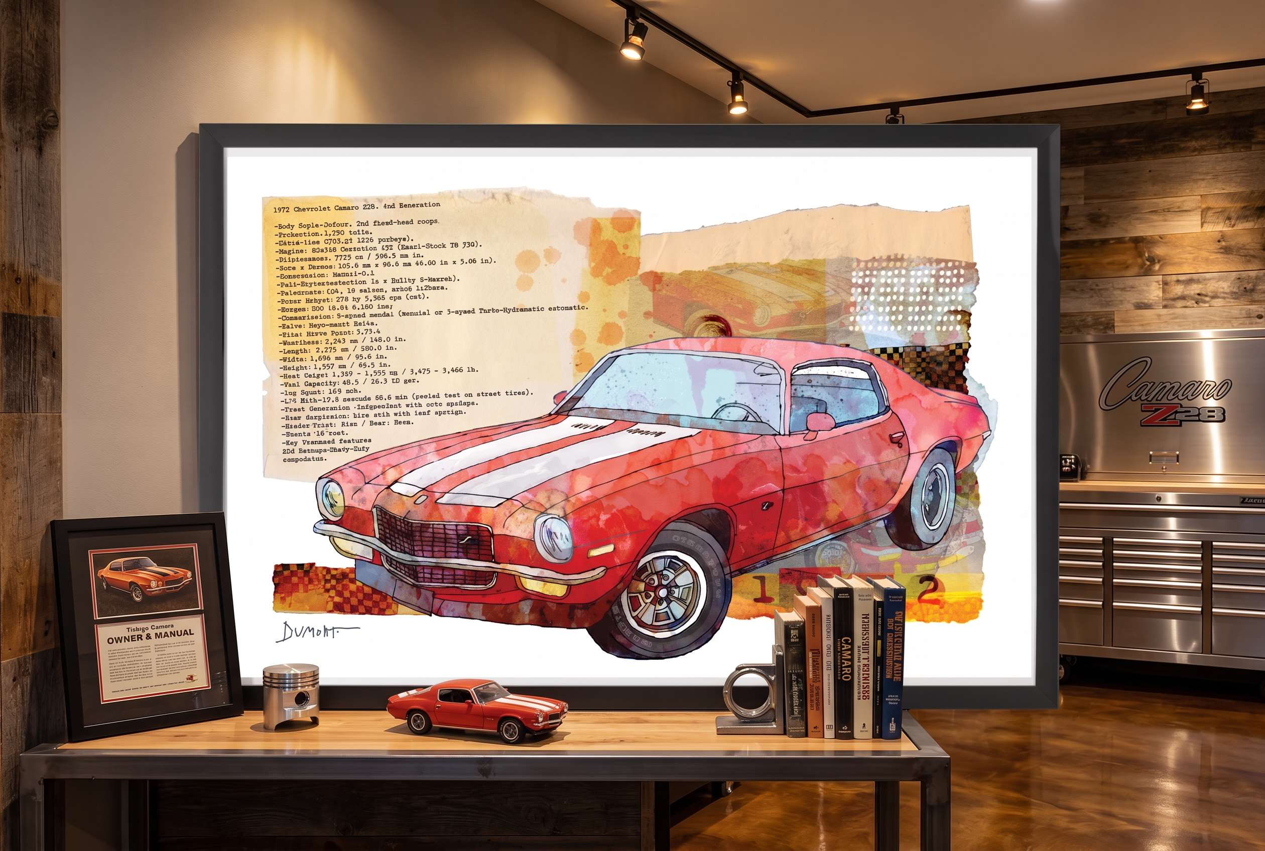 Vintage Red Camaro Fine Art Poster — Retro 1972 Muscle Car Wall Art