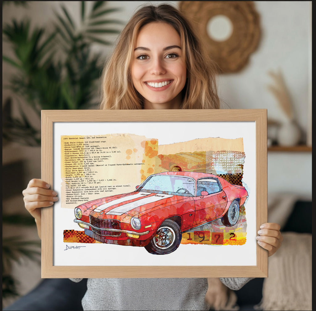 Vintage Red Camaro Fine Art Poster — Retro 1972 Muscle Car Wall Art