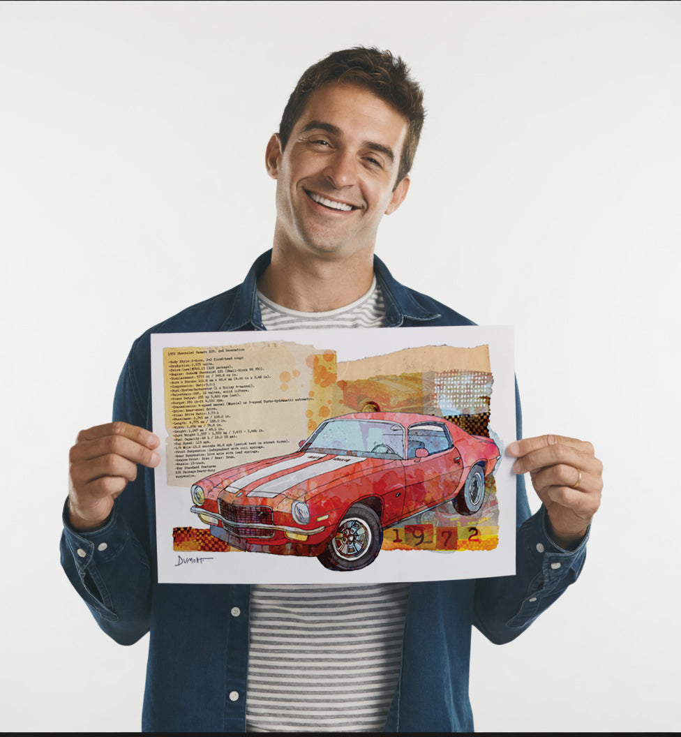 Vintage Red Camaro Fine Art Poster — Retro 1972 Muscle Car Wall Art