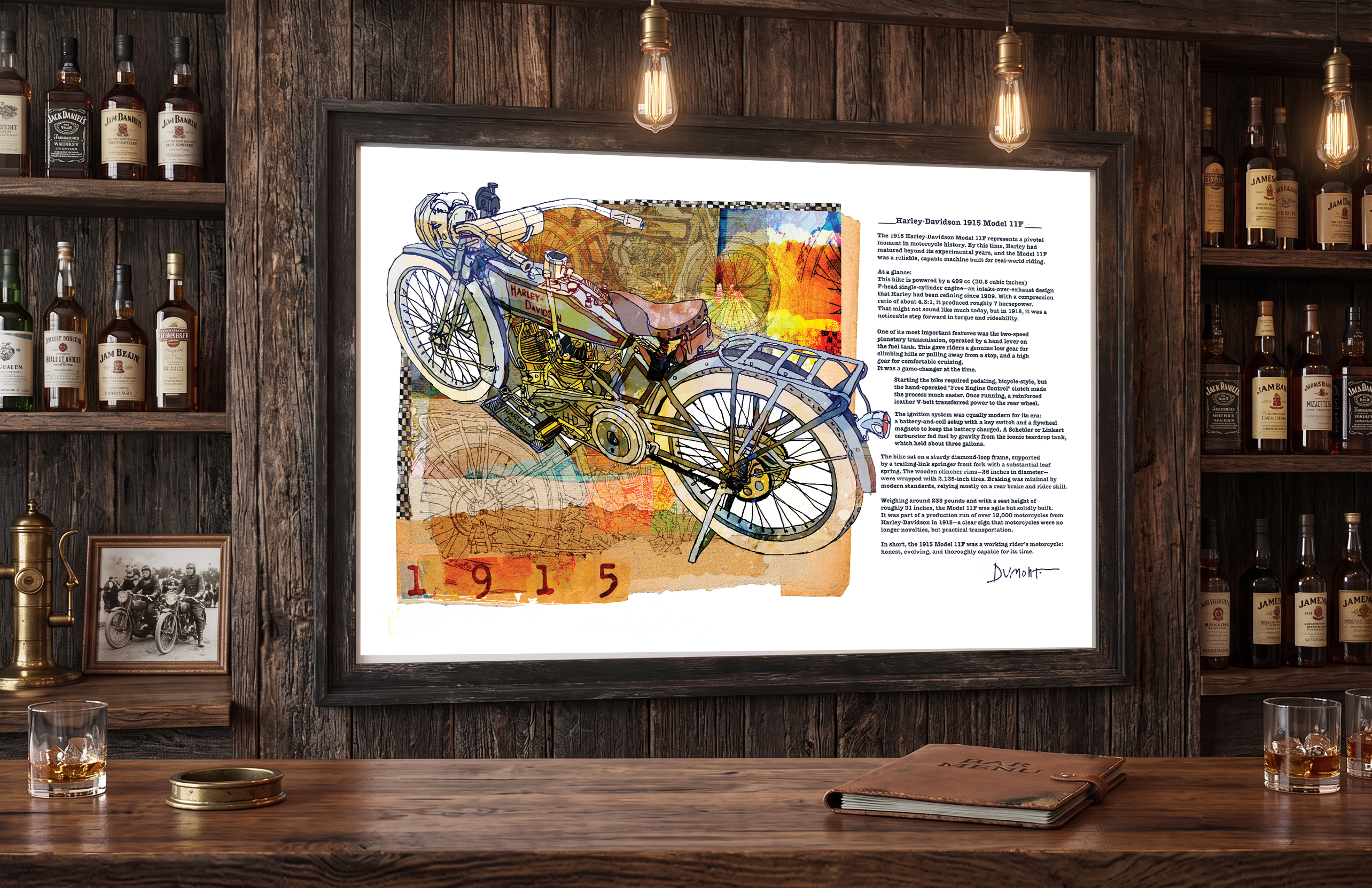 Vintage 1915 Motorcycle Fine Art Poster — Watercolor Mixed Media Print