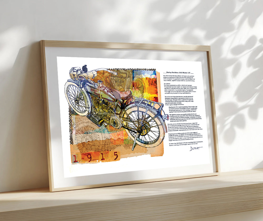 Vintage 1915 Motorcycle Fine Art Poster — Watercolor Mixed Media Print