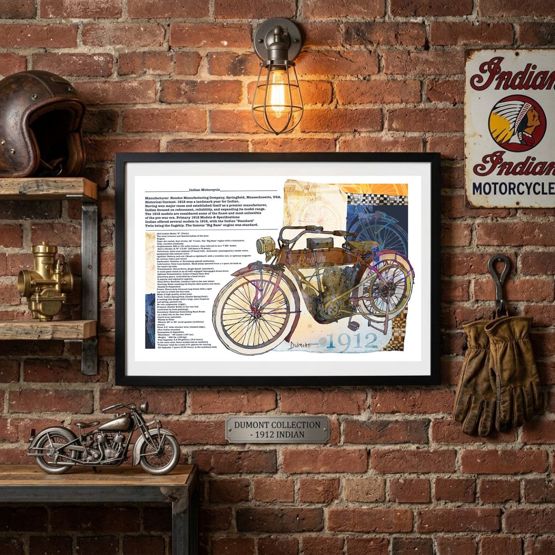 1912 Vintage Motorcycle Fine Art Poster — Antique Motorbike Illustration with Historical Text