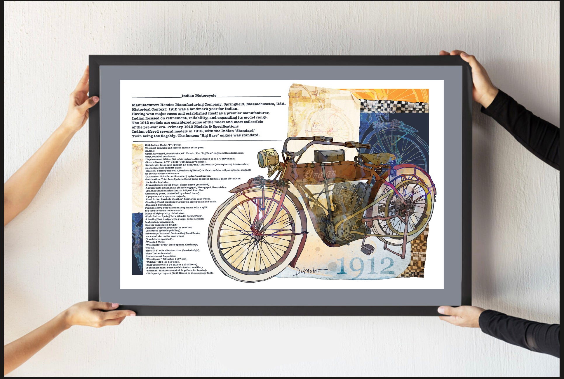 1912 Vintage Motorcycle Fine Art Poster — Antique Motorbike Illustration with Historical Text