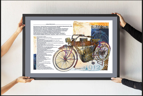1912 Vintage Motorcycle Fine Art Poster — Antique Motorbike Illustration with Historical Text