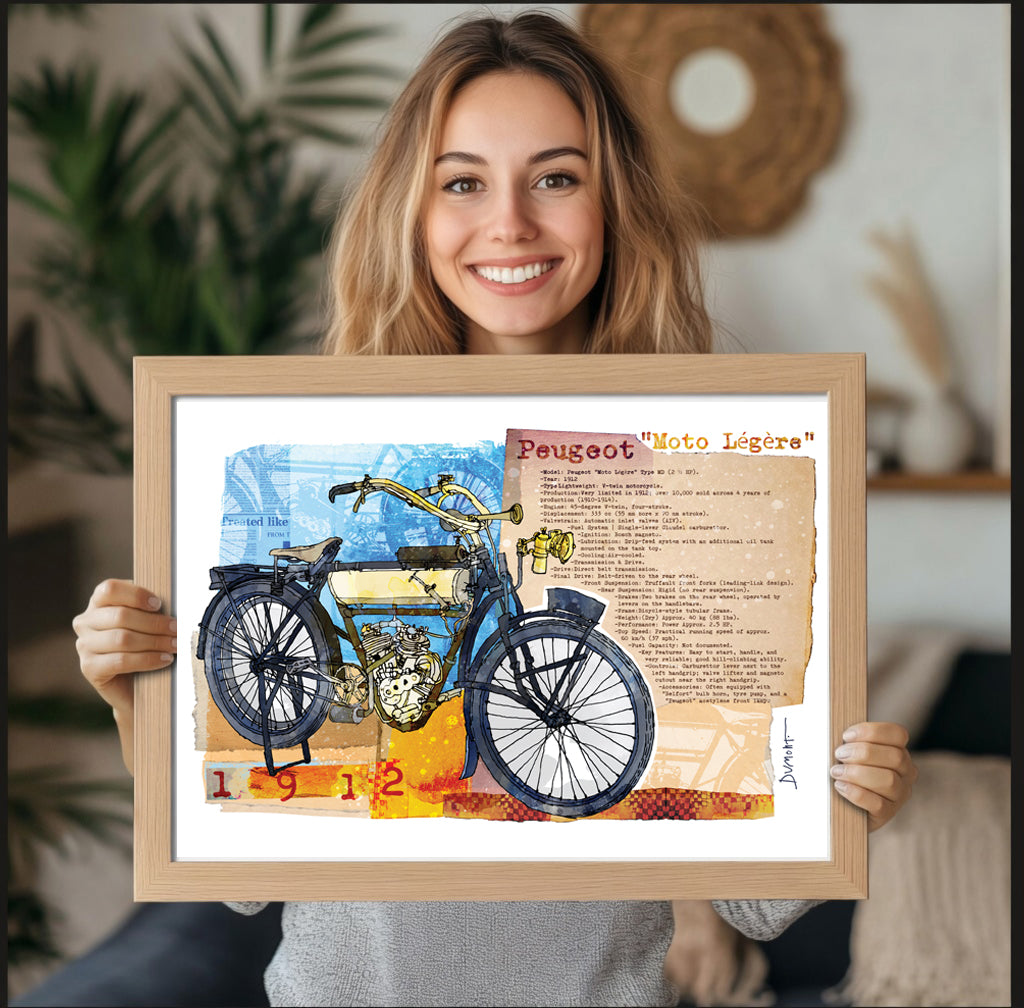Vintage Peugeot Motorcycle Fine Art Poster — 'Moto Légère' Illustrated Print