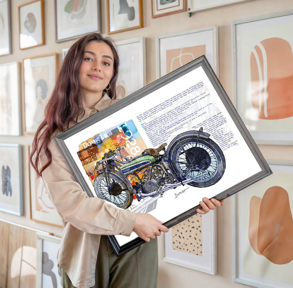 Vintage Motorcycle Fine Art Poster — Retro Bike Illustration with Text Collage