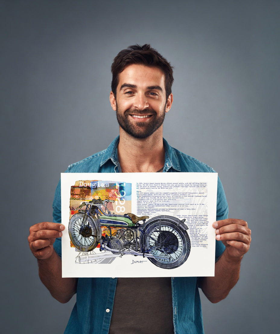 Vintage Motorcycle Fine Art Poster — Retro Bike Illustration with Text Collage
