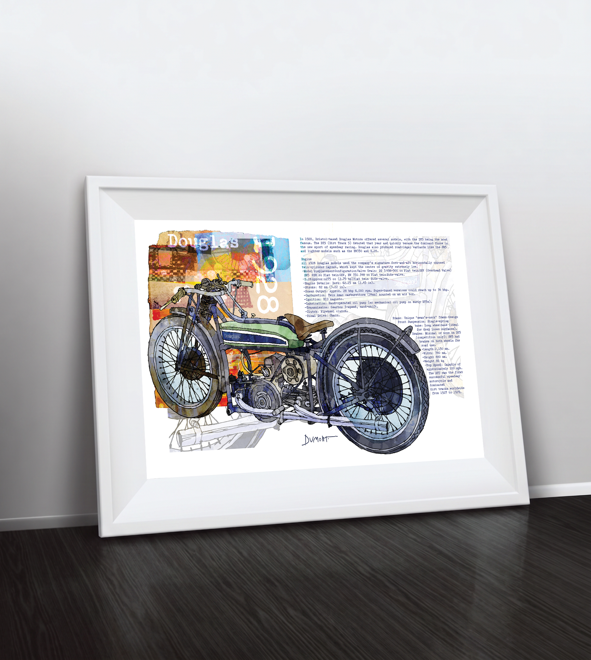 Vintage Motorcycle Fine Art Poster — Retro Bike Illustration with Text Collage