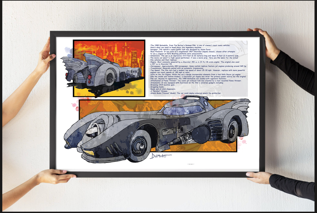 Batmobile Fine Art Poster — Vintage Comic Car Illustration with Gotham Text