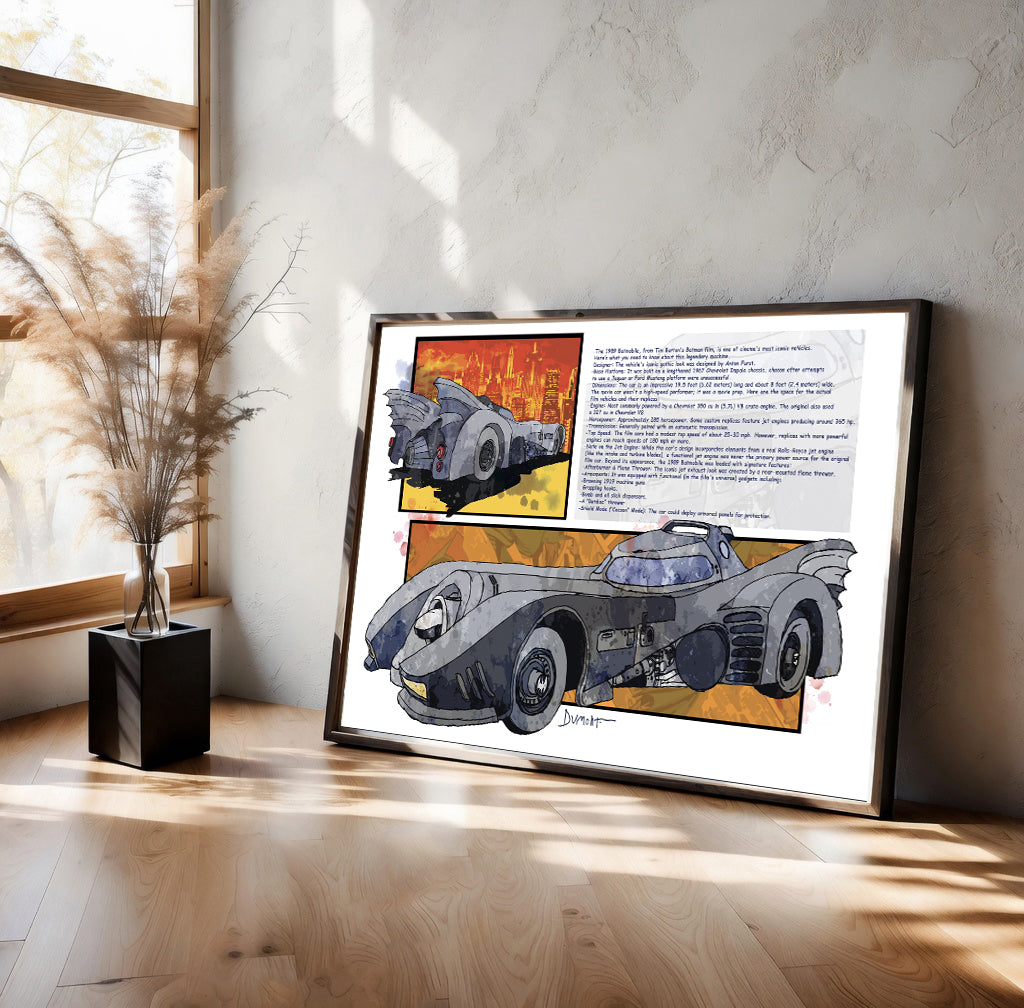 Batmobile Fine Art Poster — Vintage Comic Car Illustration with Gotham Text