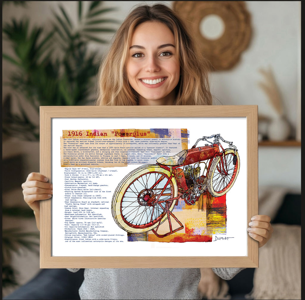 Vintage 1916 Indian Powerplus Motorcycle Fine Art Poster — Antique Bike Illustration & Specs