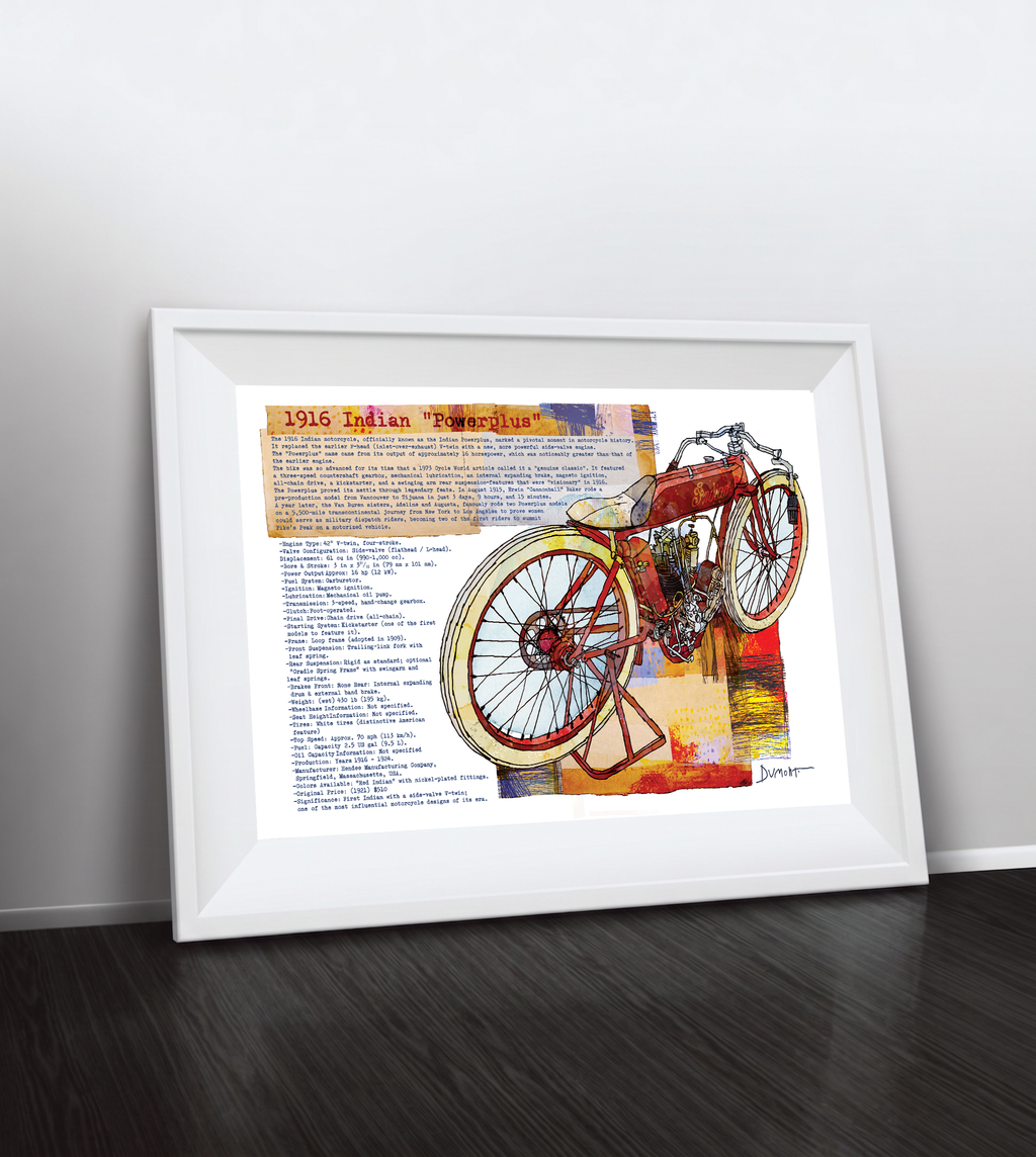 Vintage 1916 Indian Powerplus Motorcycle Fine Art Poster — Antique Bike Illustration & Specs