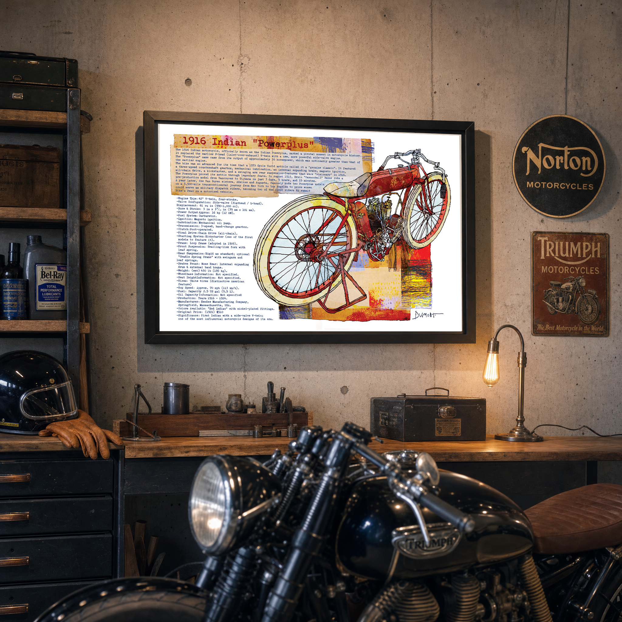 Vintage 1916 Indian Powerplus Motorcycle Fine Art Poster — Antique Bike Illustration & Specs