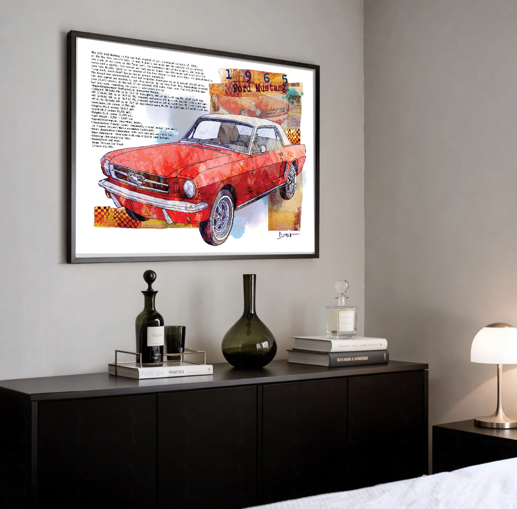 Red 1965 Ford Mustang Fine Art Poster — Vintage Car Wall Art Print