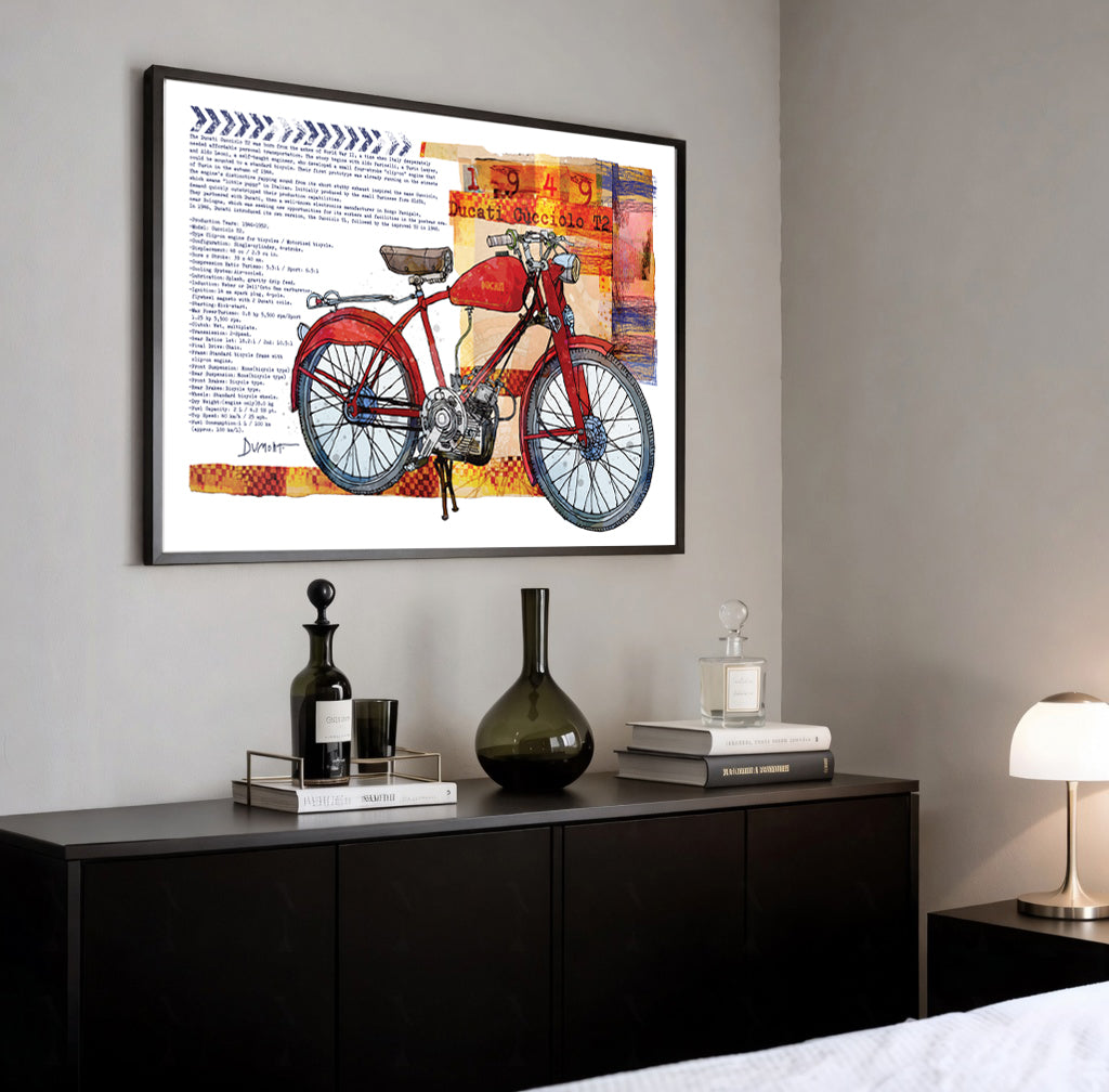 Vintage Red Motorcycle Fine Art Poster — Retro Bike Wall Art Print