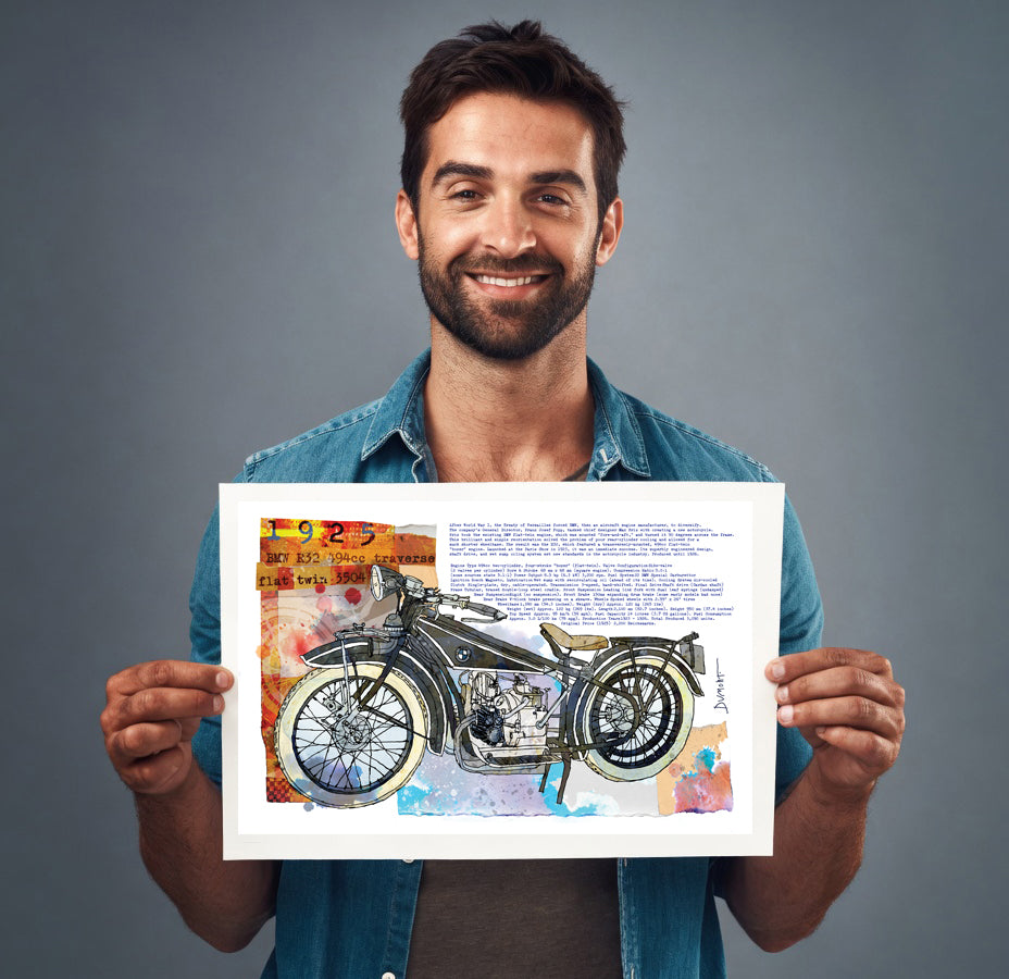 Vintage Motorcycle Fine Art Poster — Classic Bike Illustration with Text Collage