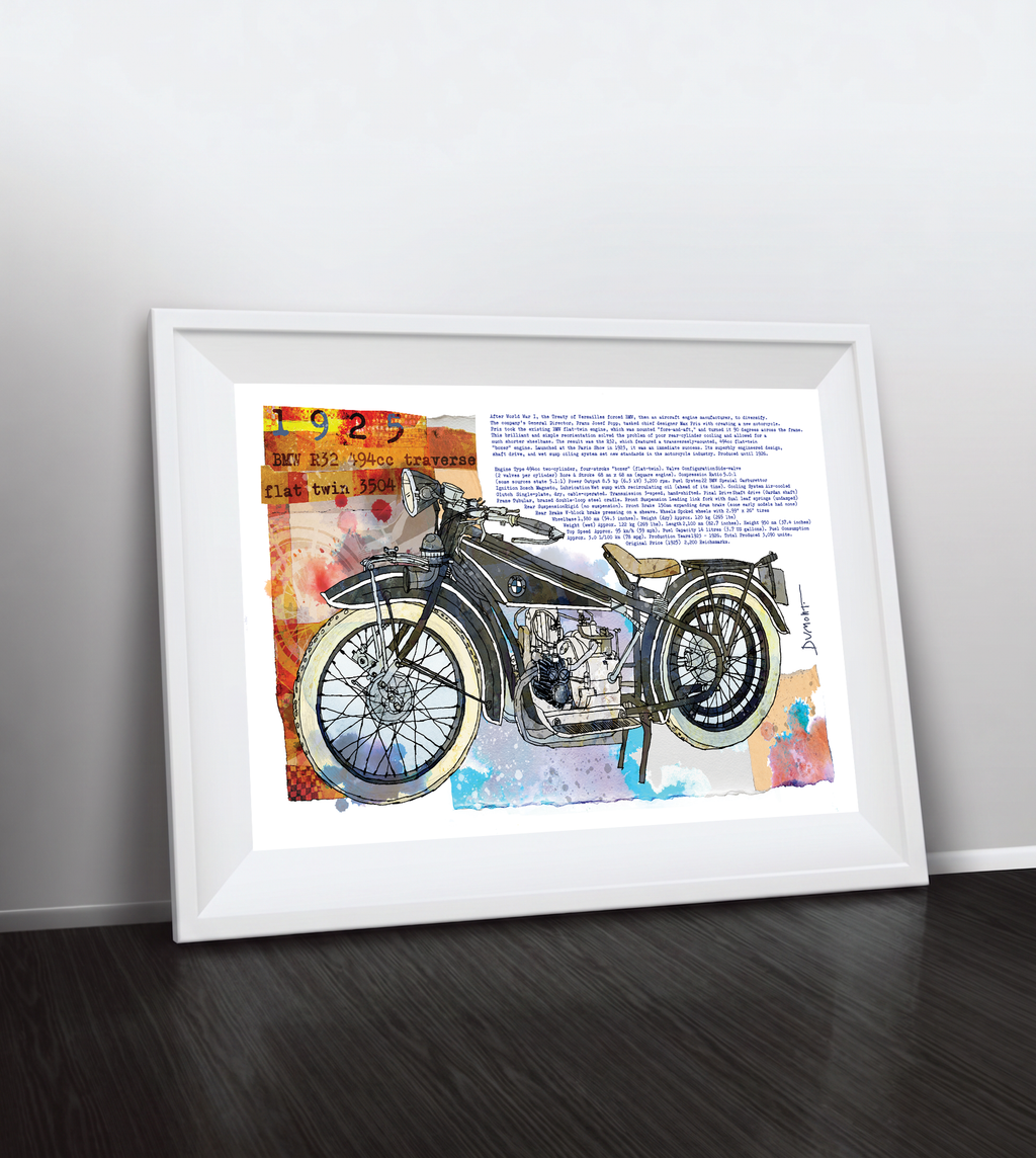 Vintage Motorcycle Fine Art Poster — Classic Bike Illustration with Text Collage