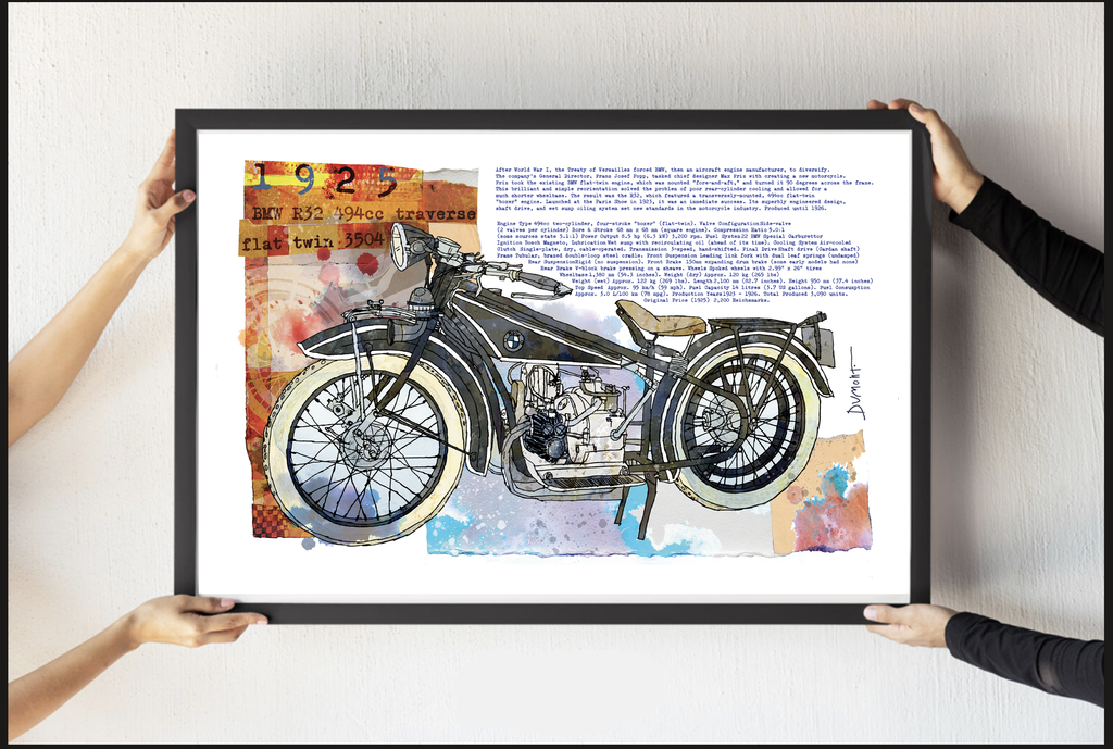 Vintage Motorcycle Fine Art Poster — Classic Bike Illustration with Text Collage