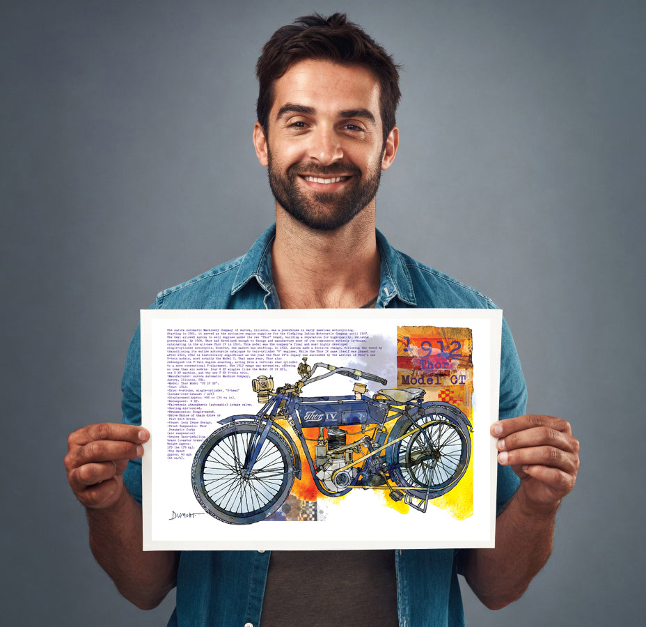 Vintage Motorcycle Fine Art Poster — 1912 Model 01 Blue & Orange Illustration