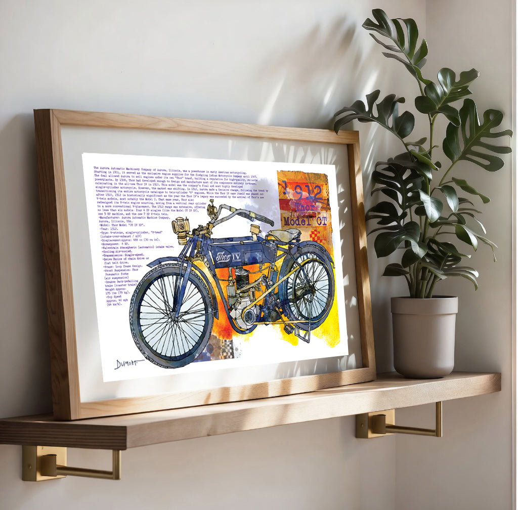 Vintage Motorcycle Fine Art Poster — 1912 Model 01 Blue & Orange Illustration