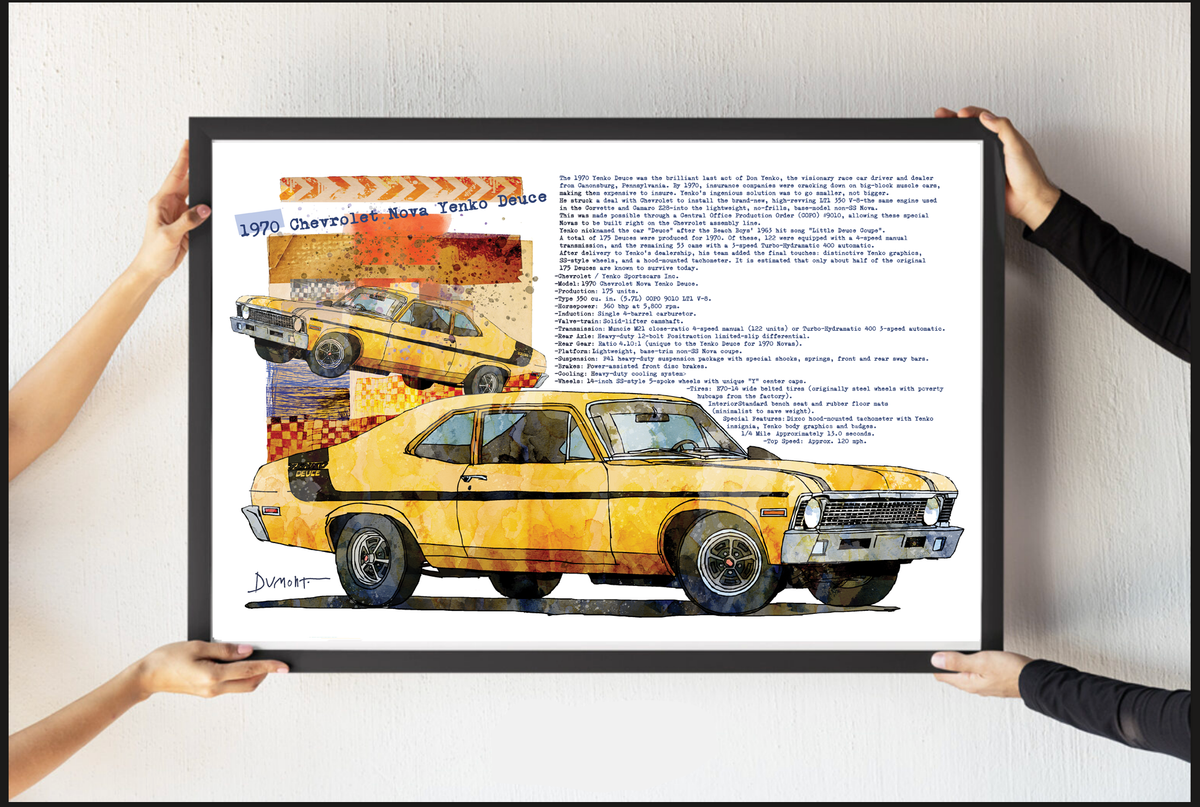 Vintage Yellow 1970 Chevy Nova Poster — Fine Art Car Print with Specs