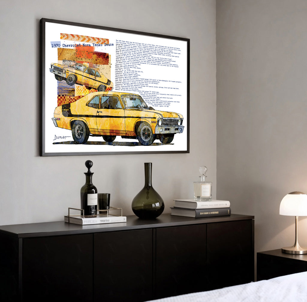 Vintage Yellow 1970 Chevy Nova Poster — Fine Art Car Print with Specs