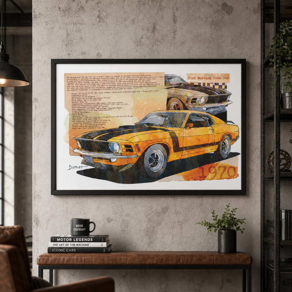 1970 Yellow Mustang Art Poster — Vintage Muscle Car Fine Art Print
