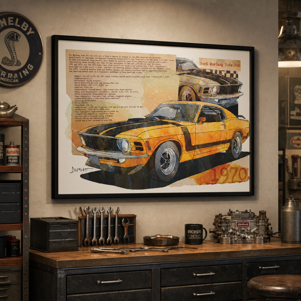 1970 Yellow Mustang Art Poster — Vintage Muscle Car Fine Art Print