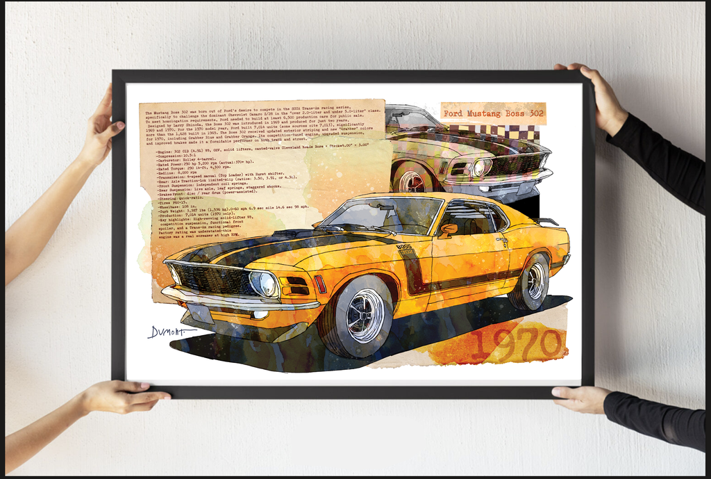 1970 Yellow Mustang Art Poster — Vintage Muscle Car Fine Art Print