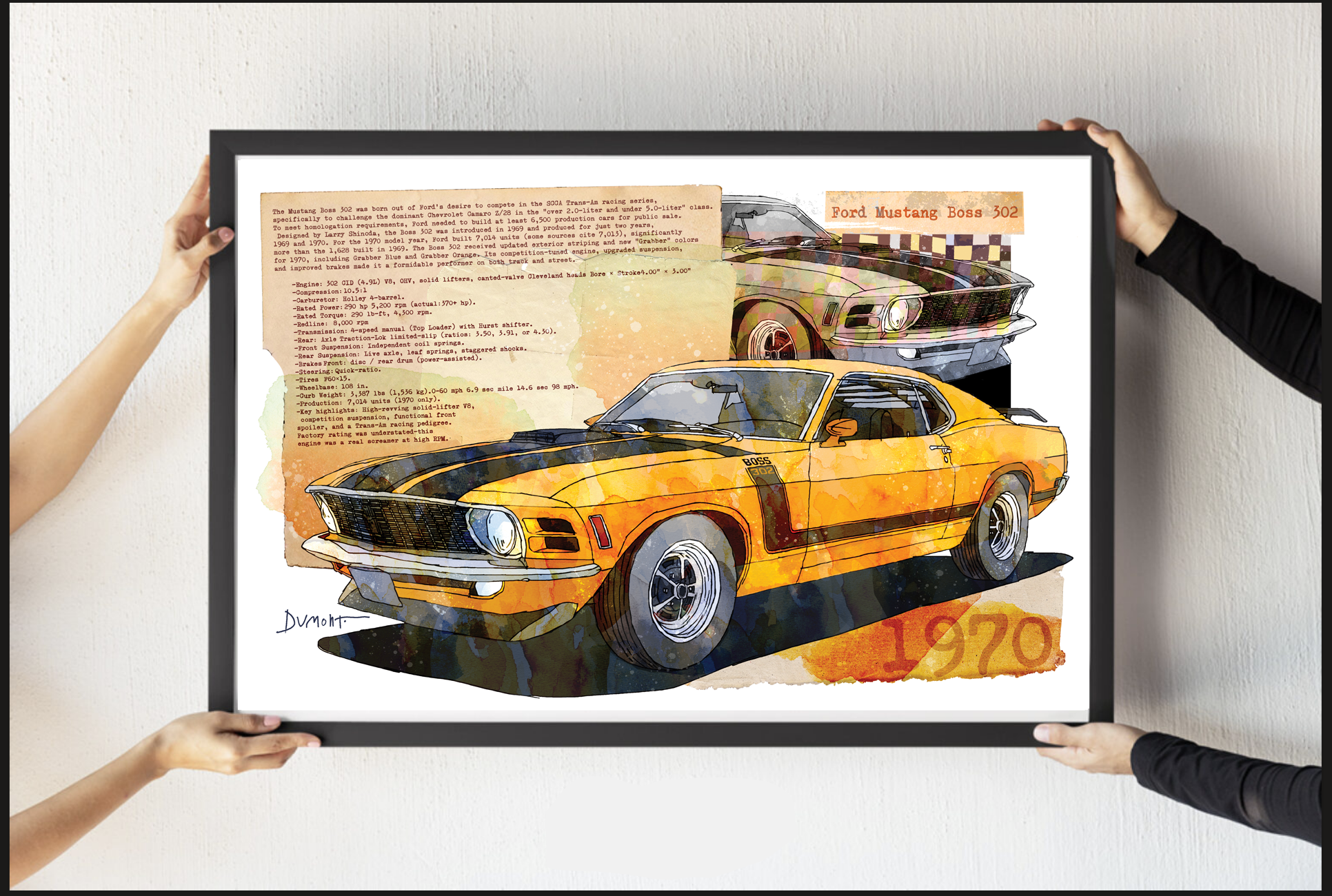 1970 Yellow Mustang Art Poster — Vintage Muscle Car Fine Art Print