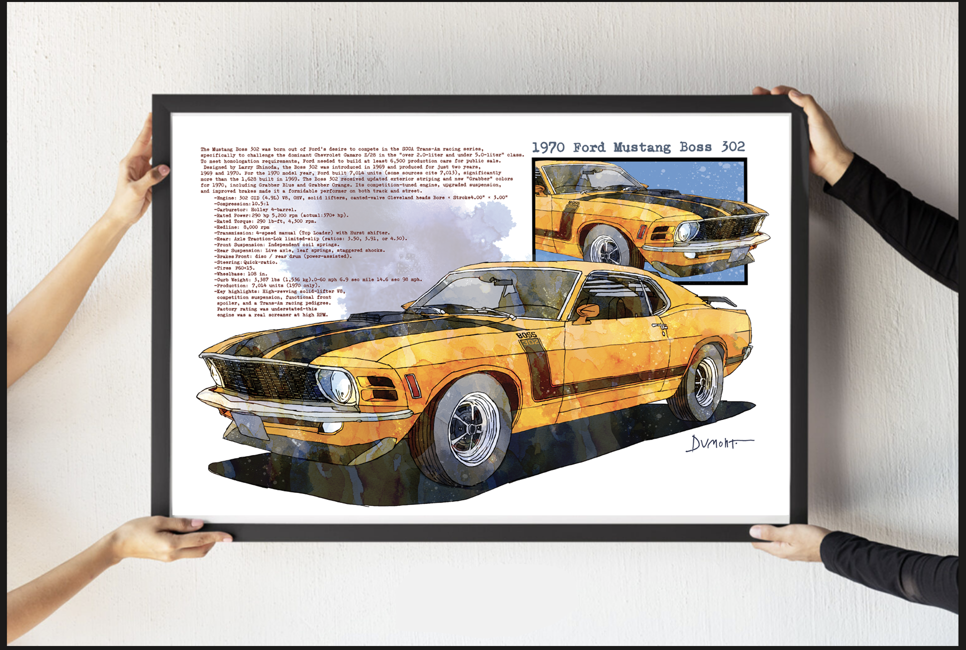 1970 Yellow Mustang Boss 302 Art Poster — Vintage Muscle Car Print
