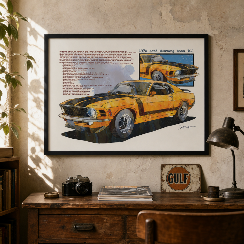 1970 Yellow Mustang Boss 302 Art Poster — Vintage Muscle Car Print