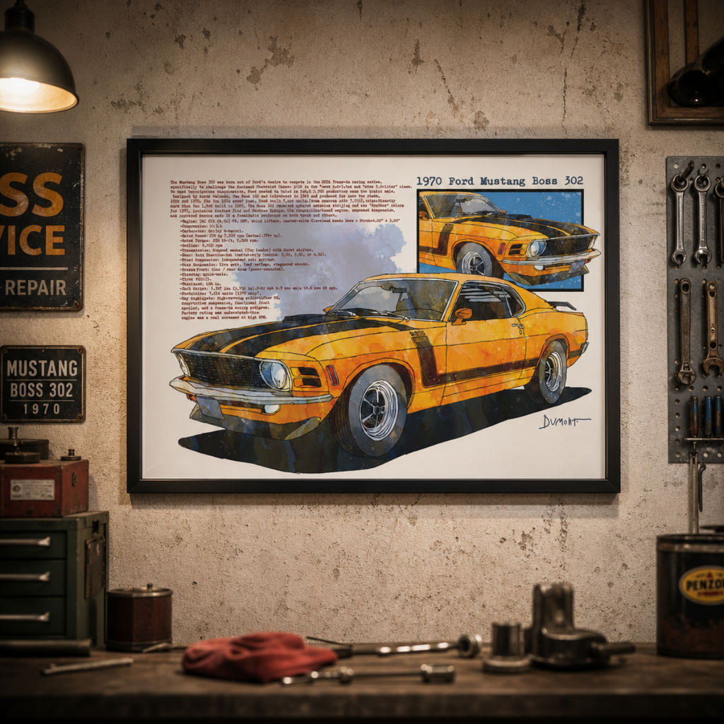 1970 Yellow Mustang Boss 302 Art Poster — Vintage Muscle Car Print