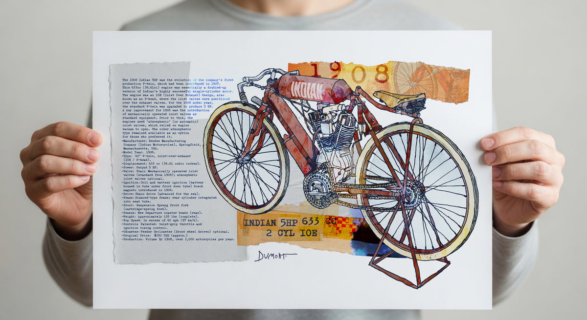 Vintage Motorcycle Fine Art Poster — Indian 1908 Mixed Media Print