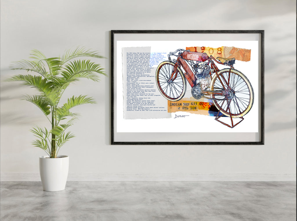 Vintage Motorcycle Fine Art Poster — Indian 1908 Mixed Media Print