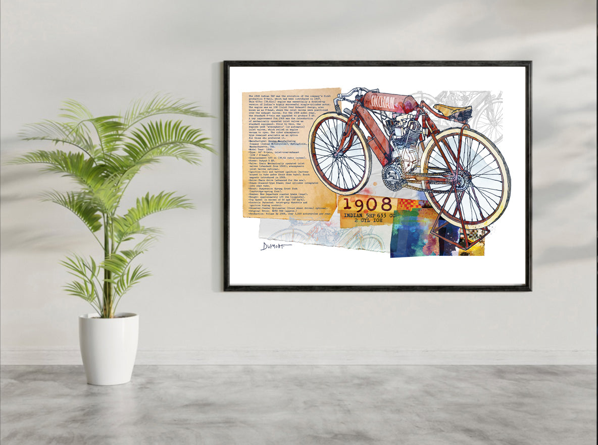 1908 Vintage Motorcycle Fine Art Poster — Antique Bike Print