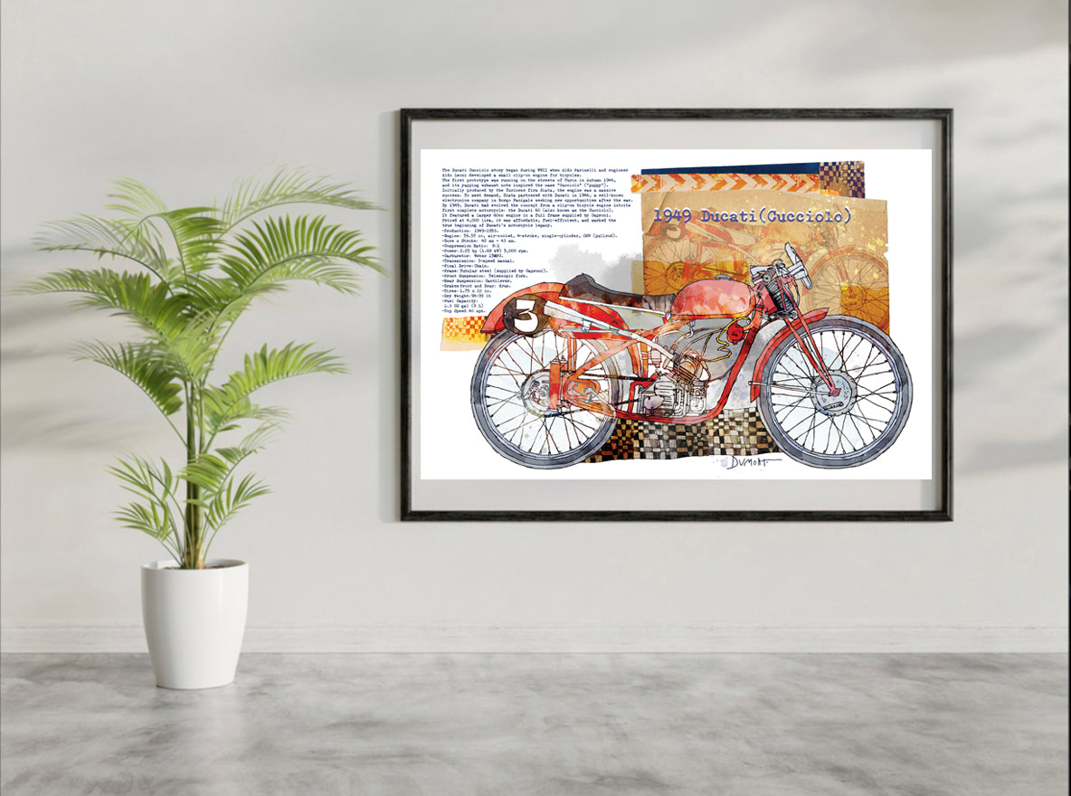 Vintage Ducati Motorcycle Fine Art Poster — 1949 Cucciolo Racing Print