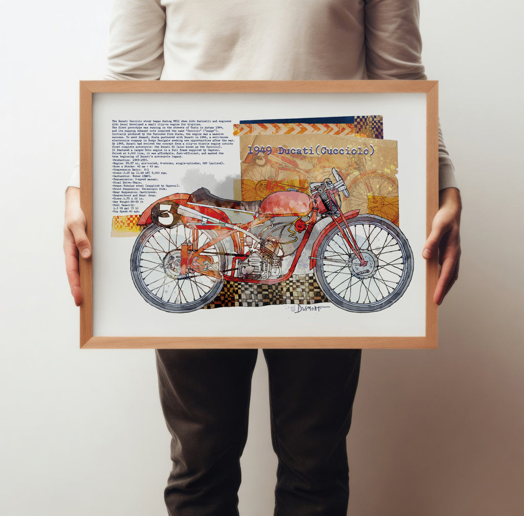 Vintage Ducati Motorcycle Fine Art Poster — 1949 Cucciolo Racing Print