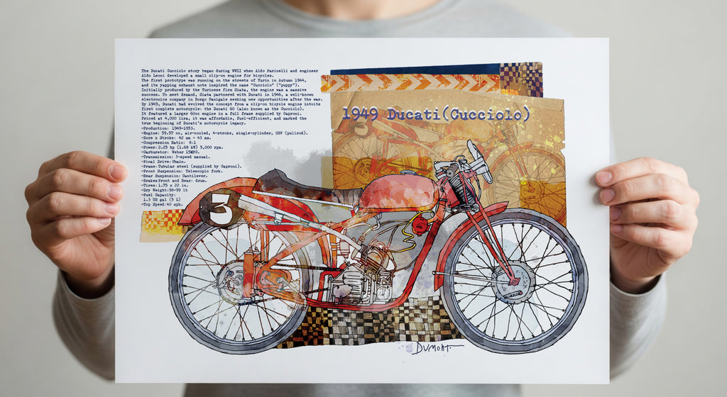 Vintage Ducati Motorcycle Fine Art Poster — 1949 Cucciolo Racing Print