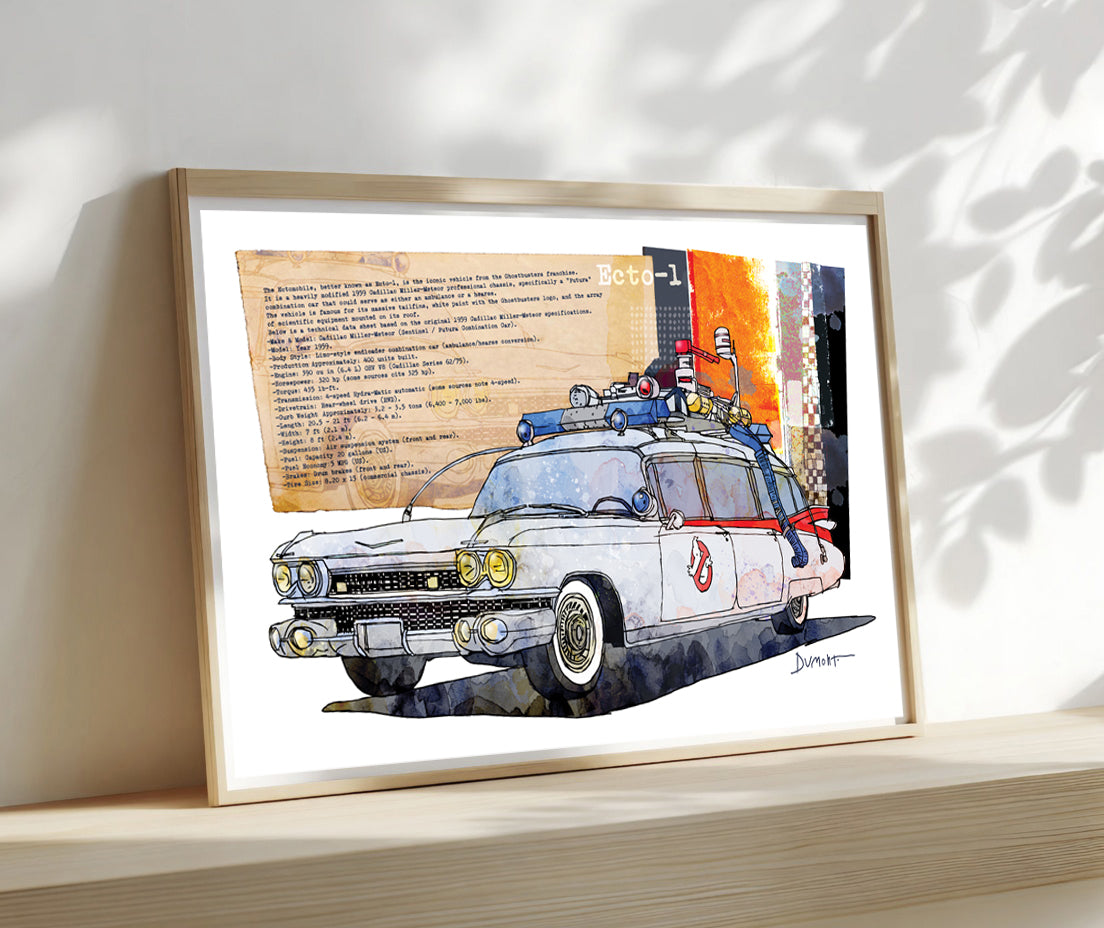Ecto-1 Ghostbusters Art Poster — Vintage Watercolor Car Print
