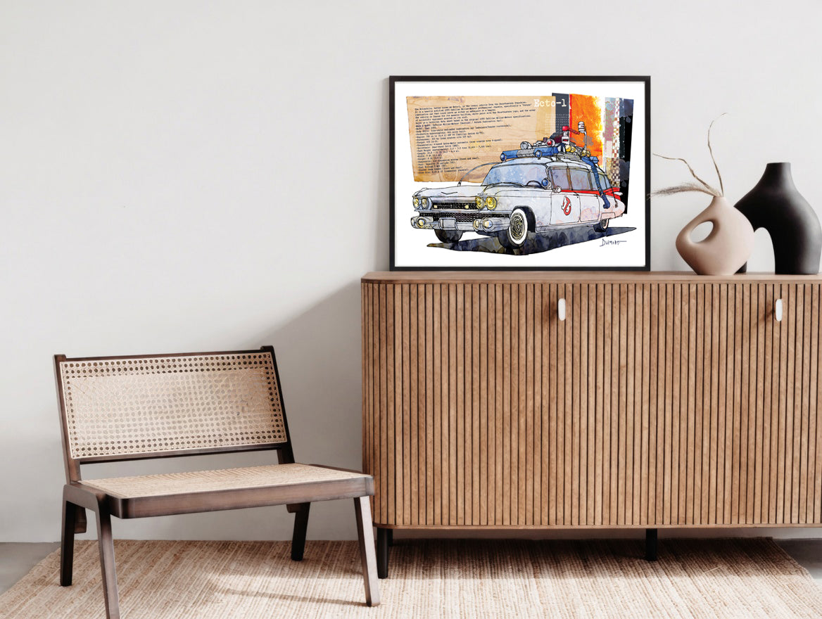 Ecto-1 Ghostbusters Art Poster — Vintage Watercolor Car Print