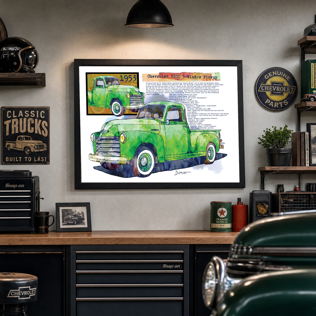 1953 Chevrolet 3100 Pickup Fine Art Poster — Vintage Green Truck Print