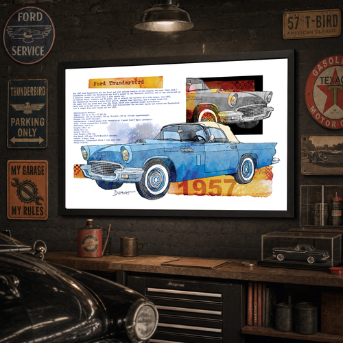 1957 Ford Thunderbird Fine Art Poster — Vintage Classic Car Watercolor Print