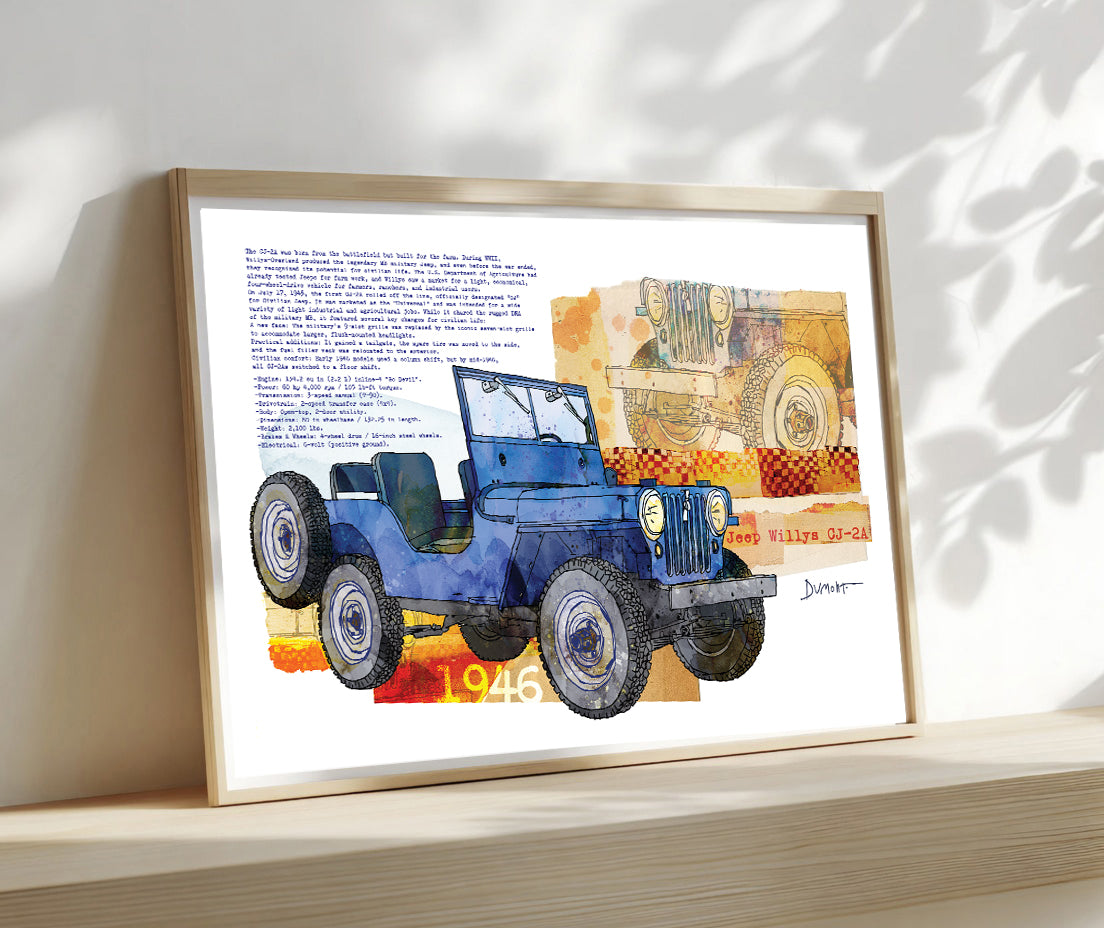 Vintage Blue Jeep Watercolor Fine Art Poster — 1946 Willys Military Jeep Wall Art