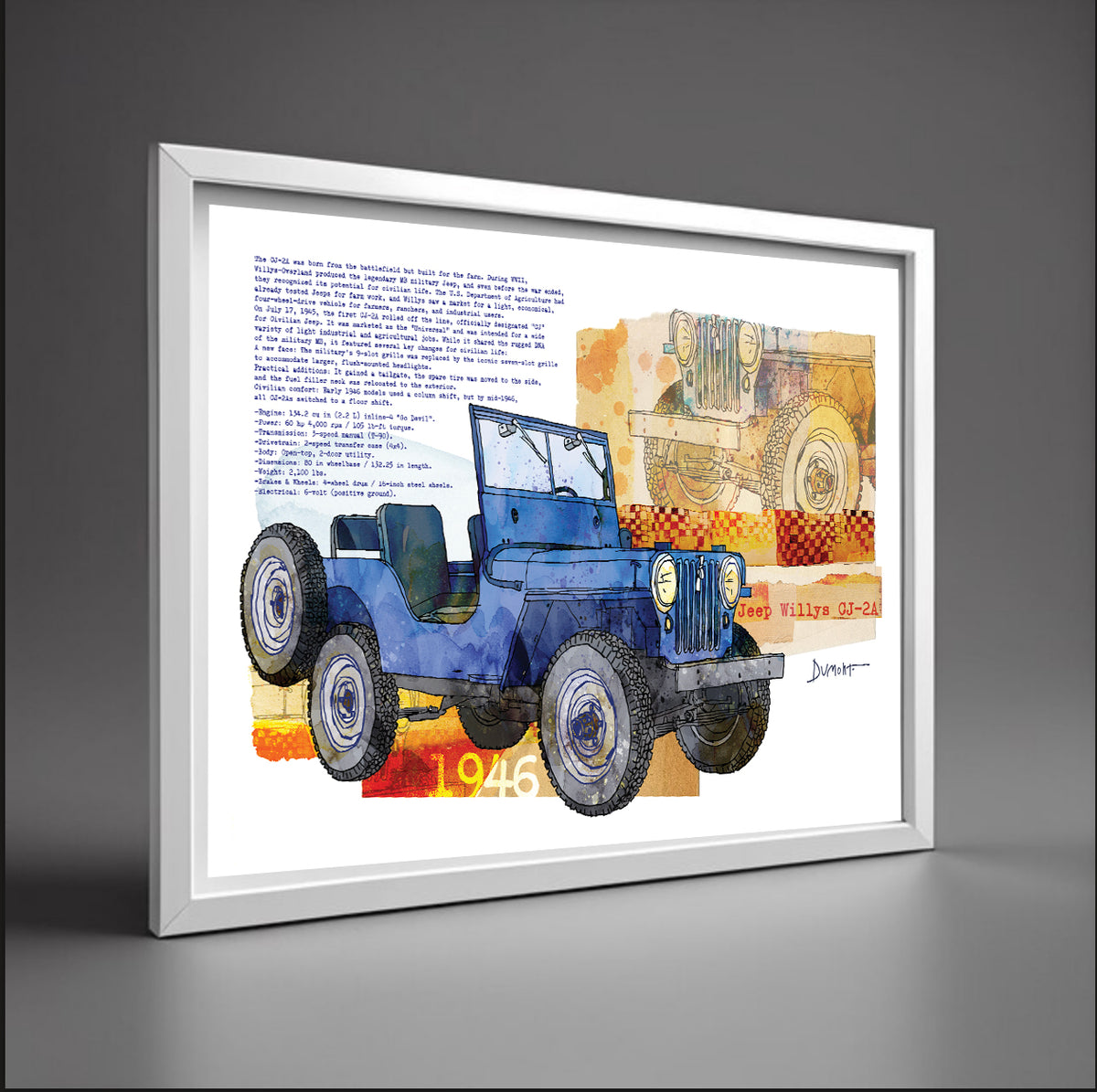 Vintage Blue Jeep Watercolor Fine Art Poster — 1946 Willys Military Jeep Wall Art