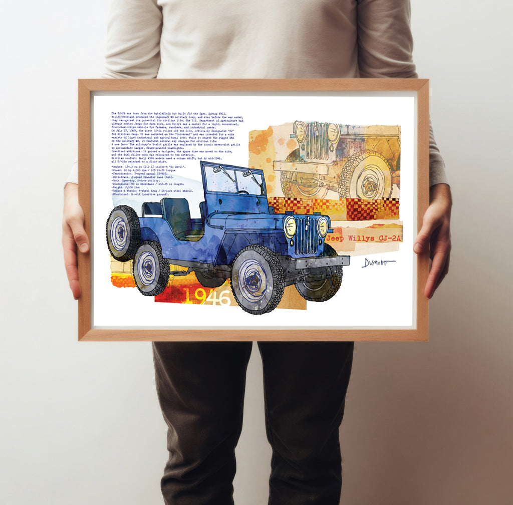 Vintage Blue Jeep Watercolor Fine Art Poster — 1946 Willys Military Jeep Wall Art
