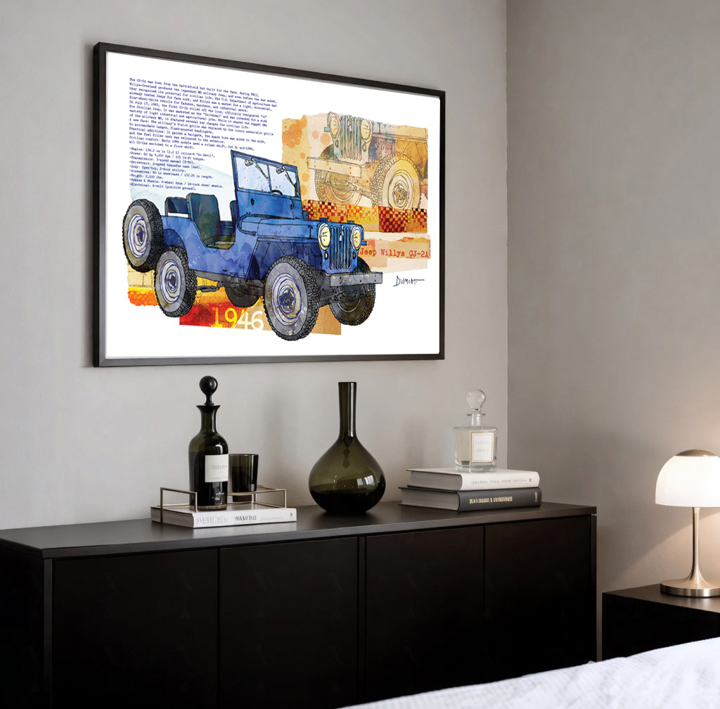 Vintage Blue Jeep Watercolor Fine Art Poster — 1946 Willys Military Jeep Wall Art