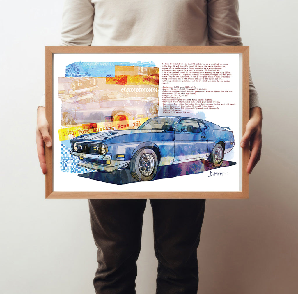 Vintage Mustang Fine Art Poster — 1971 Mustang BOSS/Classic Muscle Car Watercolor Print